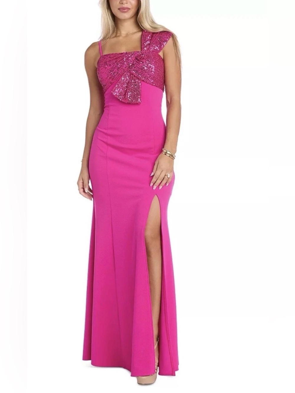 Morgan & Co. Fuchsia One-Shoulder Sequin Bow Maxi Dress